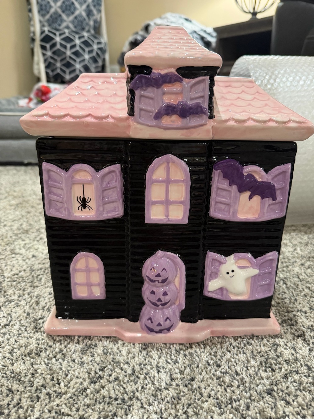 Pink & Purple Ceramic Halloween Haunted House Cookie Jar